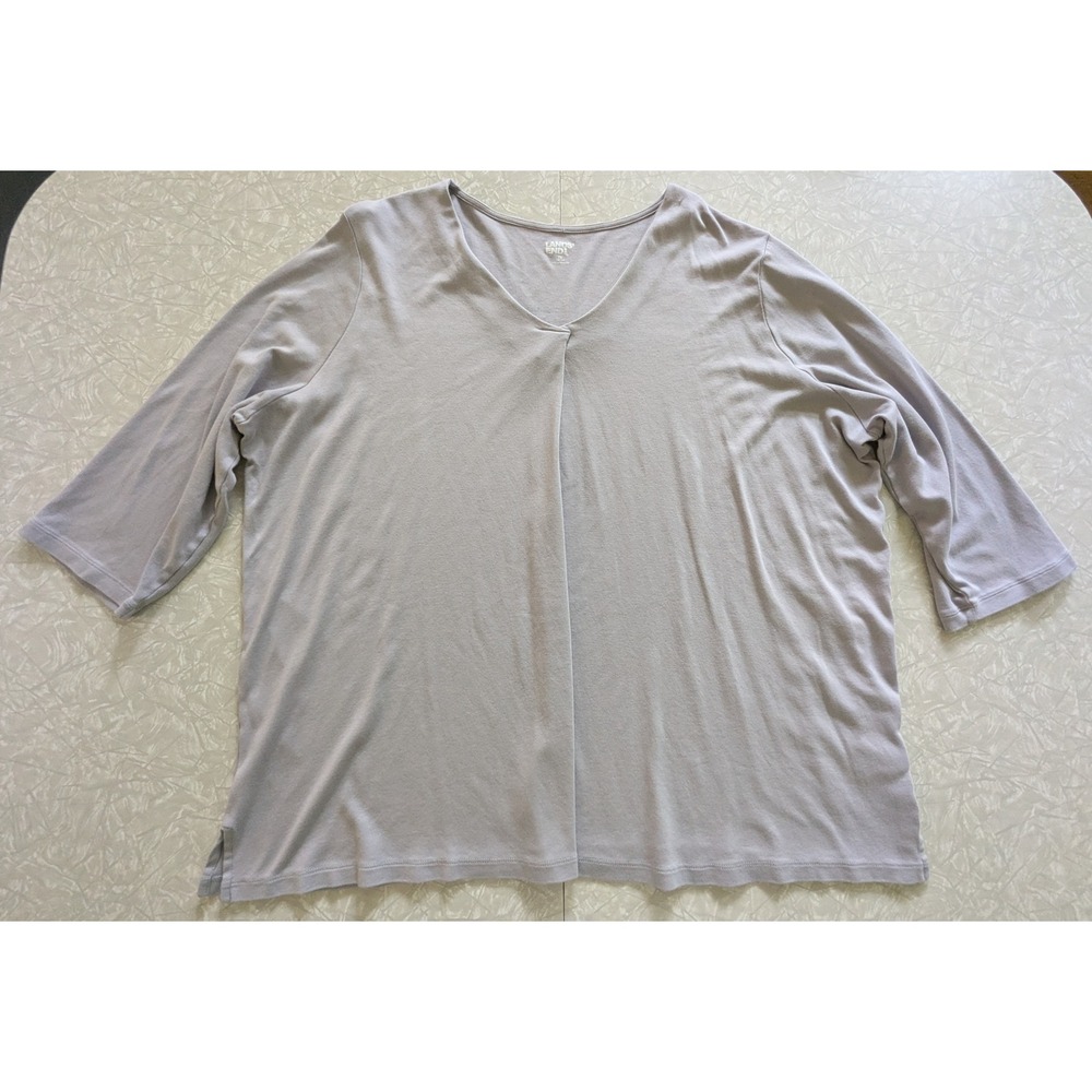 Lands End Womens 2X 20W-22W Gray Cotton Modal V-Neck 3/4 Sleeve Pleat Front Top